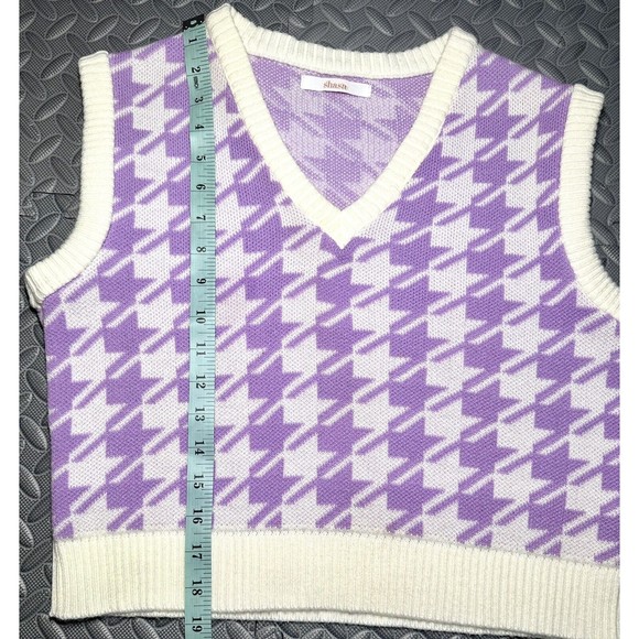 Sasha V Neck Houndstooth Pattern Lilac Sweater Preppy acrylic crop Vest Y2K Sz L - Picture 7 of 9